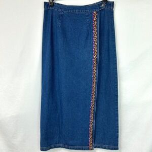 RHYTHM BLUE Vintage 90s Blue Denim Embroidered Maxi Wrap Skirt Western Women's L